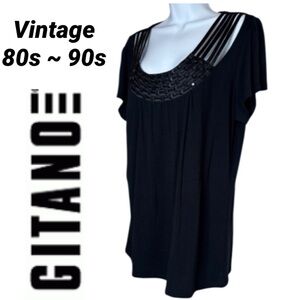 Vintage Gitano Blouse Vintage 80s 90s Embellished Beaded Gems Black Size X Large